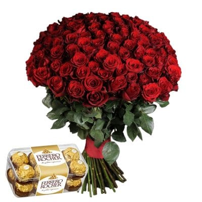 Valentino Pasiūlymas: 101 raudona PREMIUM rožė + saldainių dėžutė