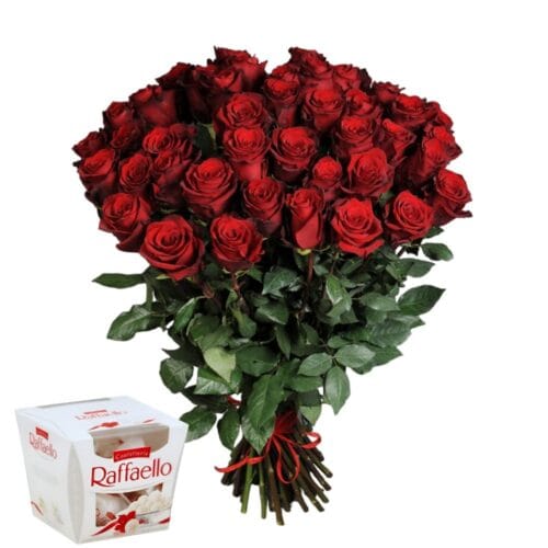 Flowery - VIP: 15 raudonų rožių + saldainių dėžutė