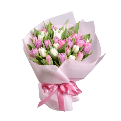 VIP: Rožinių ir Baltų Tulpių Puokštė